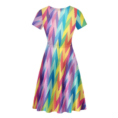 Chevron Rainbow LGBTQ Women Scoop Neck Short Sleeve Ruffle Dress