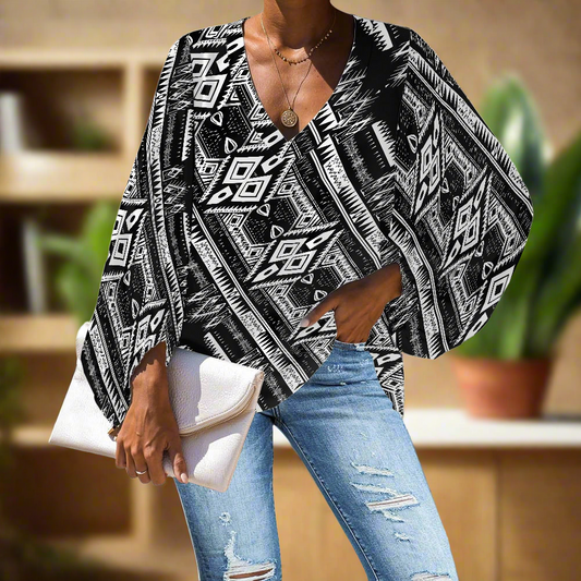 Bold Black and White Geometric V-Neck Chiffon Puff Sleeve Blouse by Luxtrini