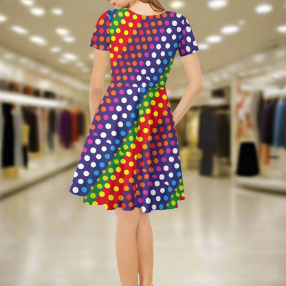 LGBTQ-Friendly Rainbow Polka Dot V-Neck Women Short Sleeve Ruffle Dress by Luxtrini