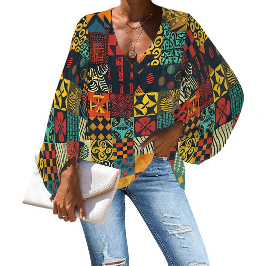 V-Neck Chiffon Puff Sleeve Blouse by Luxtrini 4XL