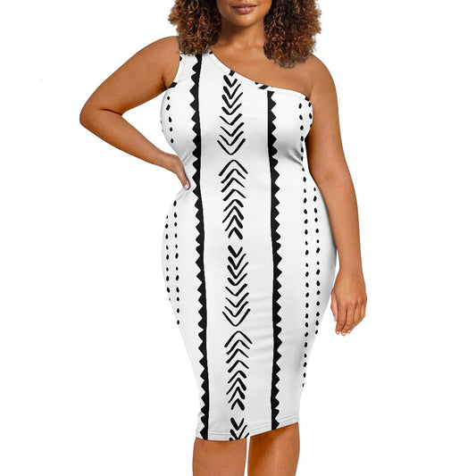Discover Elegance: Luxtrini's One-Shoulder Slim Dress - African Ethnic B&W
