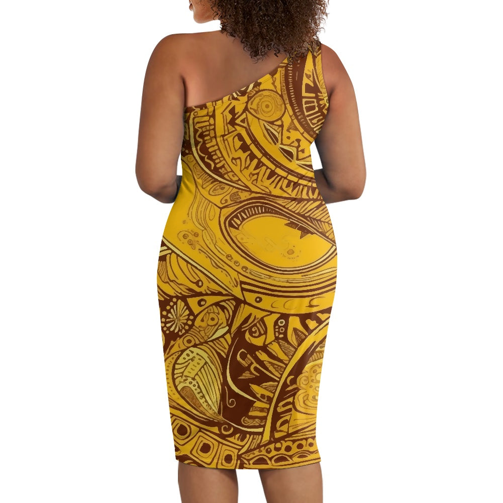 Discover Elegance: Luxtrini's One-Shoulder Slim Dress - Ethnic Yellow