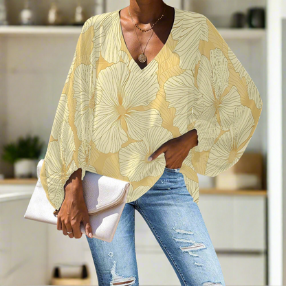 Yellow Tropical Flowers V-Neck Chiffon Puff Sleeve Blouse by Luxtrini