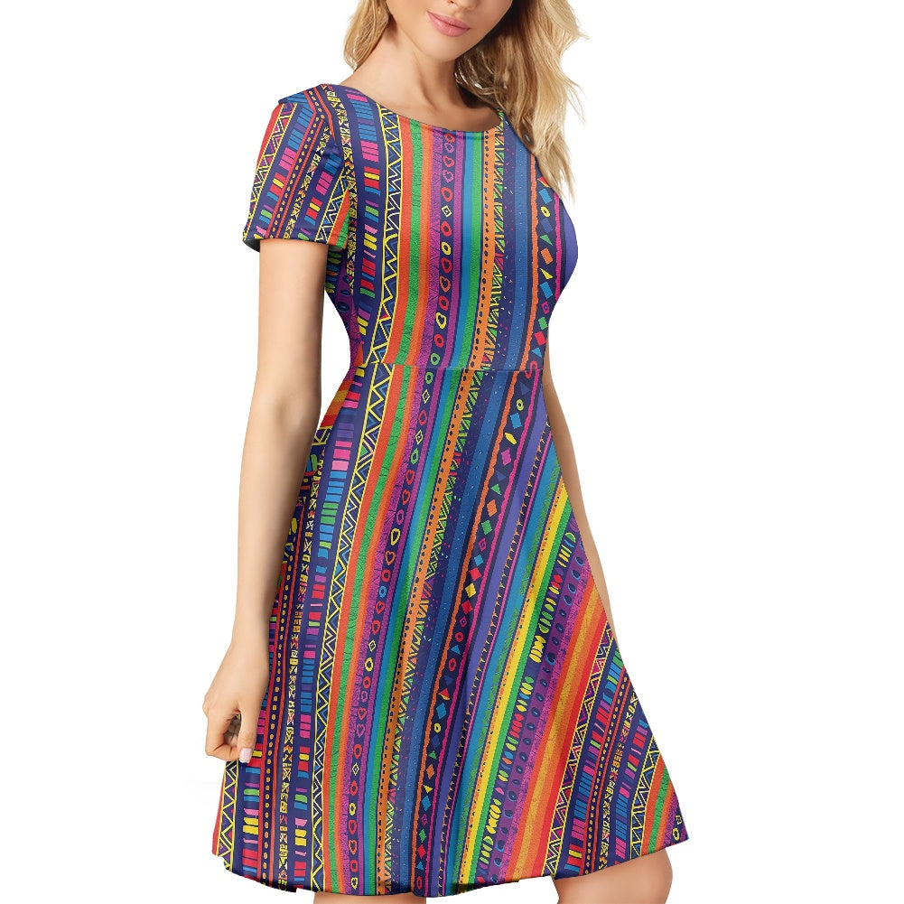 Luxtrini Womens Scoop Neck Short Sleeve Ruffle Dress with Ethnic Patterns and Rainbow Accents - Custom Handmade, Versatile and Stylish