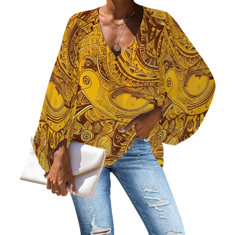 Chic Boho-Inspired Chiffon Blouse – Warm-Toned Tribal Print V-Neck for Everyday Elegance V-Neck Chiffon Puff Sleeve Blouse by Luxtrini