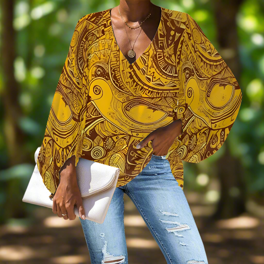 Chic Boho-Inspired Chiffon Blouse – Warm-Toned Tribal Print V-Neck for Everyday Elegance V-Neck Chiffon Puff Sleeve Blouse by Luxtrini