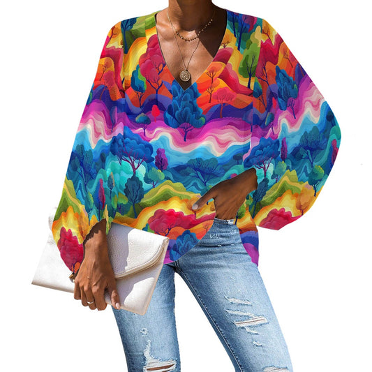 V-Neck Chiffon Puff Sleeve Blouse by Luxtrini 4XL