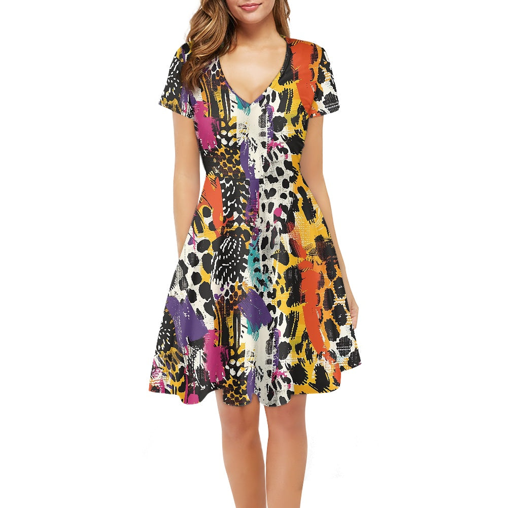 Women V-Neck Short Sleeve Ruffle Dress