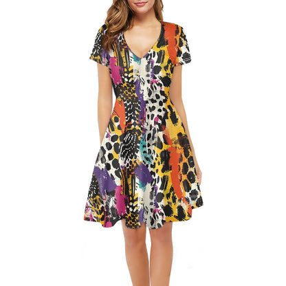 Women V-Neck Short Sleeve Ruffle Dress