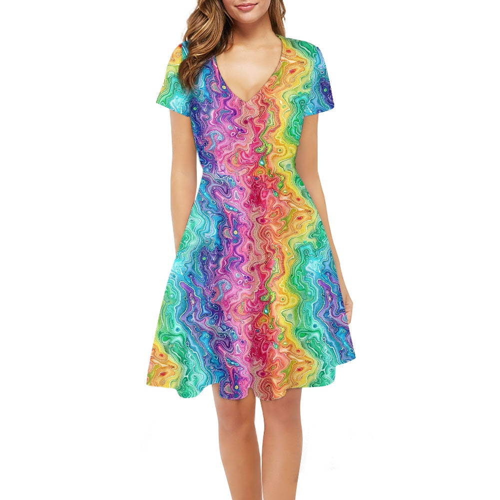 Rainbow Women V-Neck Short Sleeve Ruffle Dress