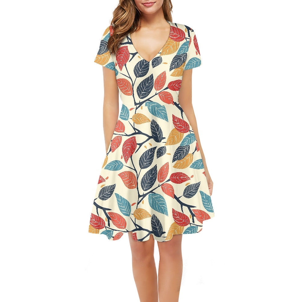 Colored Leaves Women V-Neck Short Sleeve Ruffle Dress