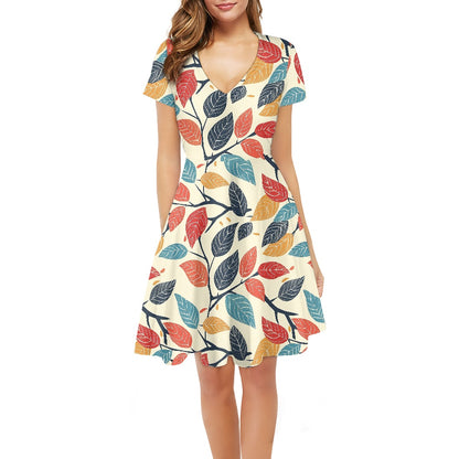 Colored Leaves Women V-Neck Short Sleeve Ruffle Dress