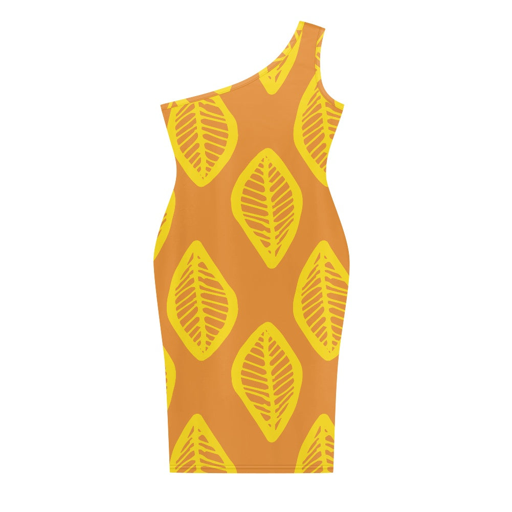 Discover Elegance: Luxtrini's One-Shoulder Slim Dress - Orange & Yellow African