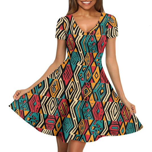 Women V-Neck Short Sleeve Ruffle Dress