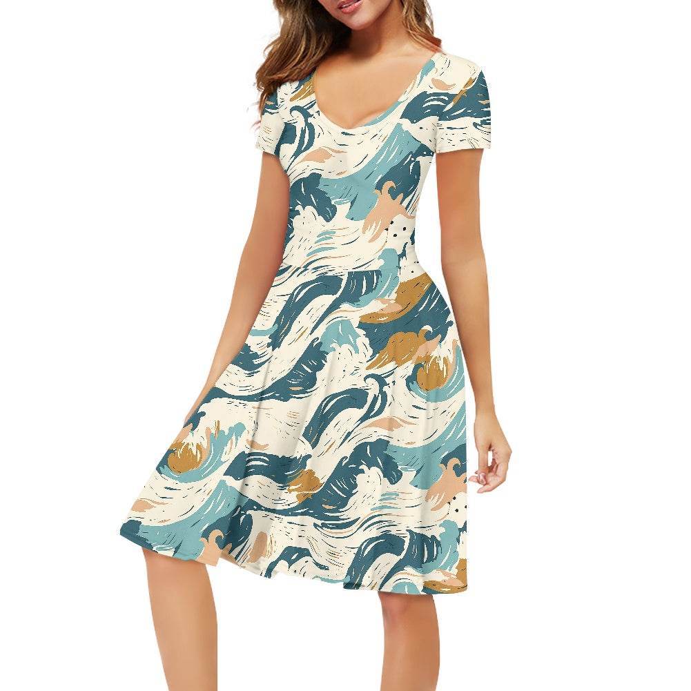 Abstract Waves Women V-Neck Short Sleeve Ruffle Dress