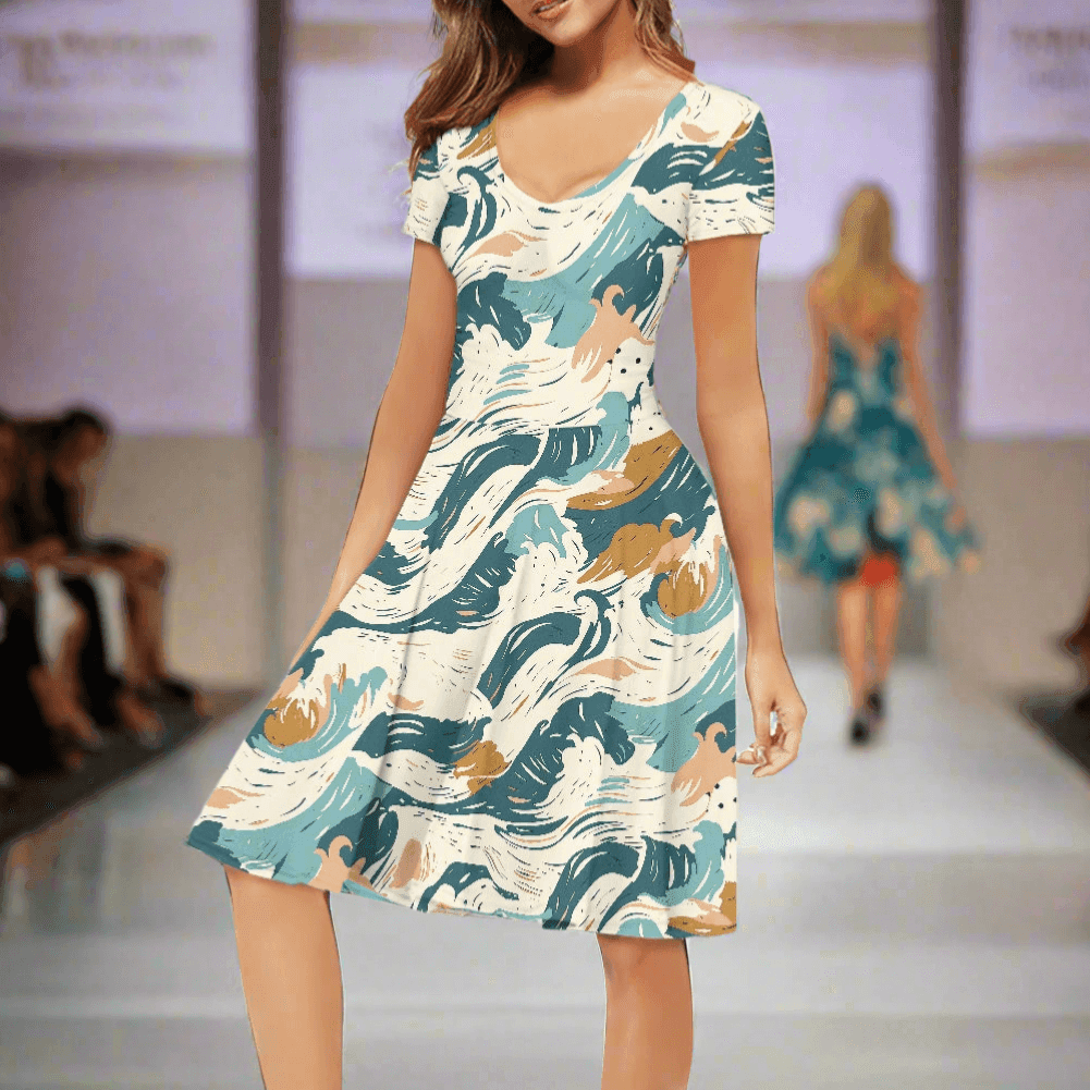 Abstract Waves Women V-Neck Short Sleeve Ruffle Dress