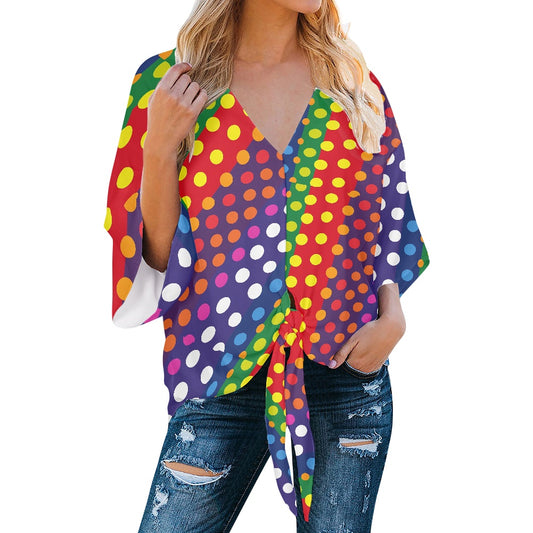 LGBTQ-Friendly Rainbow Polka Dot V-Neck Tie Front Chiffon Top by Luxtrini