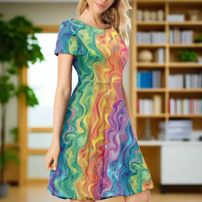 Women Scoop Neck Short Sleeve Ruffle Dress