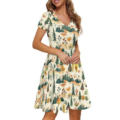 Women V-Neck Short Sleeve Ruffle Dress