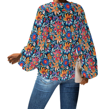 V-Neck Puff Sleeve Chiffon Blouse