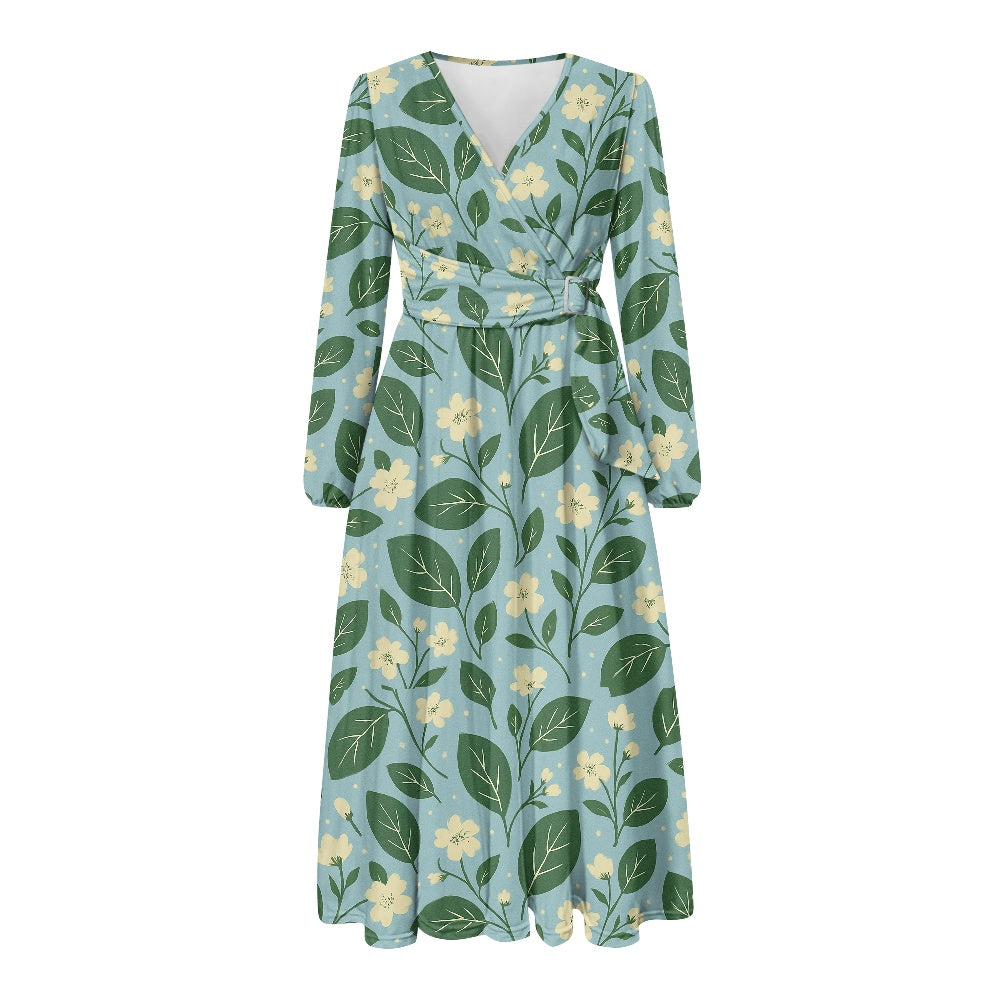 Garden Bloom Tie Waist Midi Dress – Eco-Friendly V-Neck Long Sleeve Floral Dress | Luxtrini Handmade