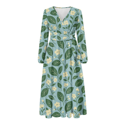 Garden Bloom Tie Waist Midi Dress – Eco-Friendly V-Neck Long Sleeve Floral Dress | Luxtrini Handmade