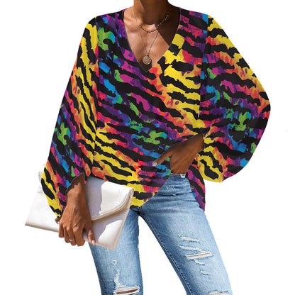 V-Neck Chiffon Puff Sleeve Blouse by Luxtrini 4XL