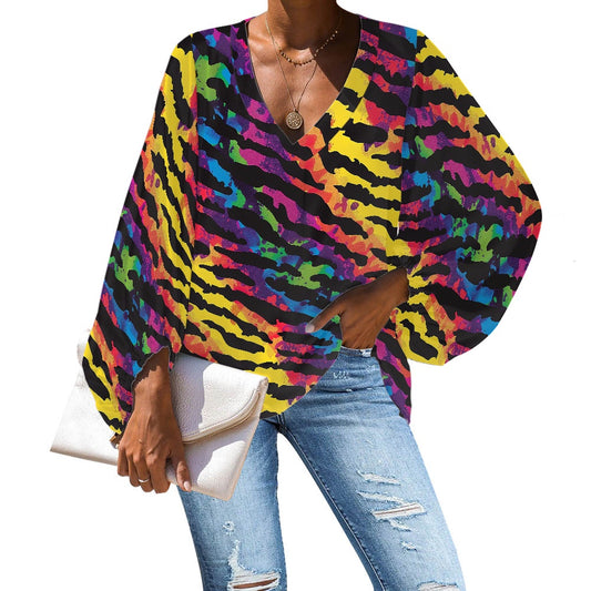 V-Neck Chiffon Puff Sleeve Blouse by Luxtrini 4XL