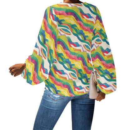 V-Neck Chiffon Puff Sleeve Blouse by Luxtrini