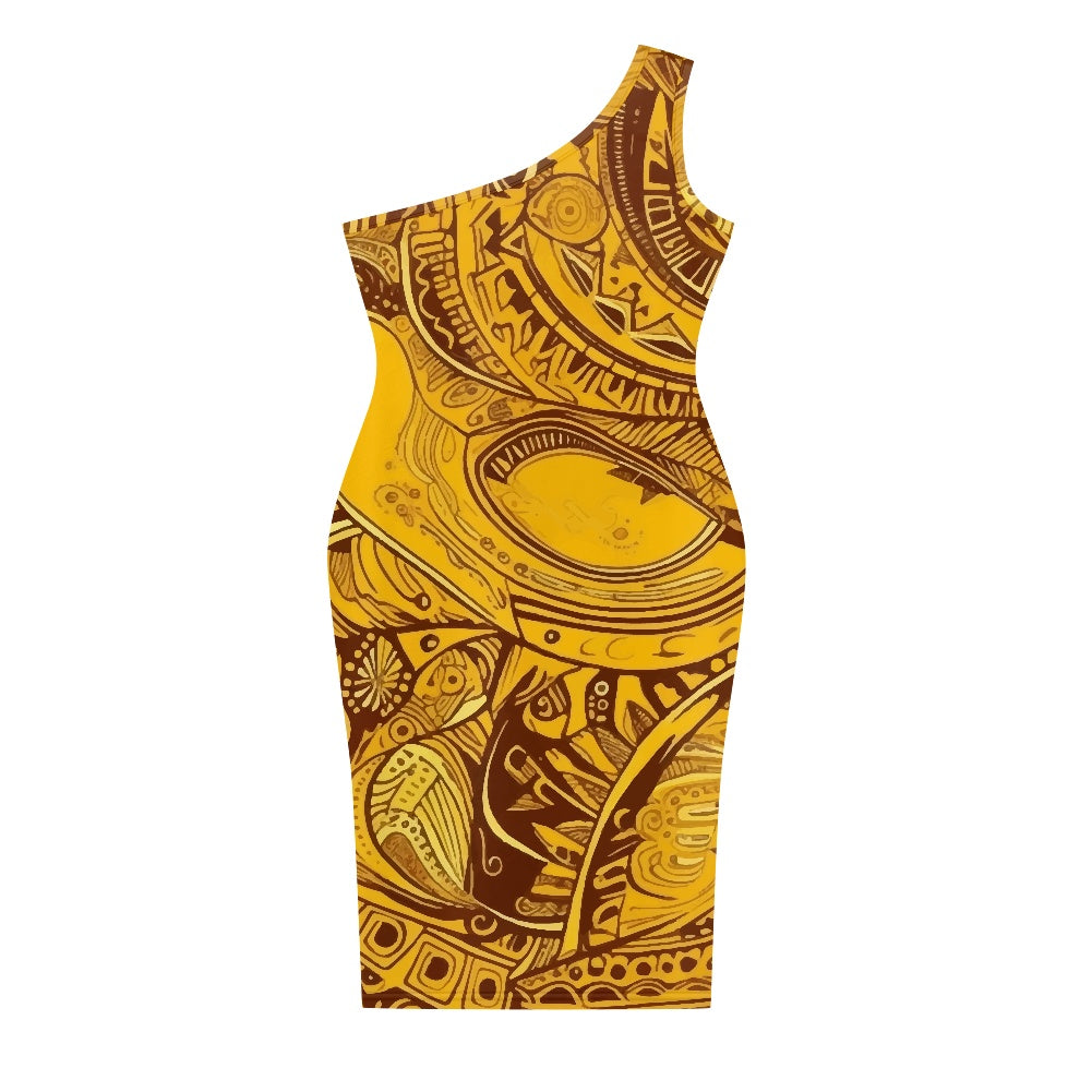 Discover Elegance: Luxtrini's One-Shoulder Slim Dress - Ethnic Yellow
