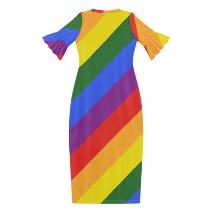 Rainbow Stylish Scoop Neck Ankle-Length Dress with Unique Ruffled Sleeves for Women