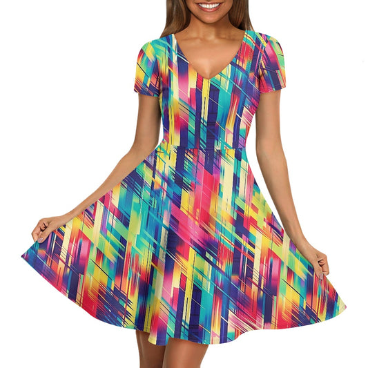 Rainbow Glitch Women V-Neck Short Sleeve Ruffle Dress