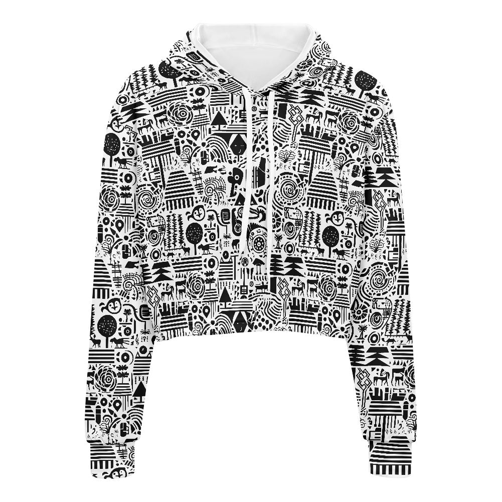 Women's midriff-baring sweatshirt - Ethnic B&W white