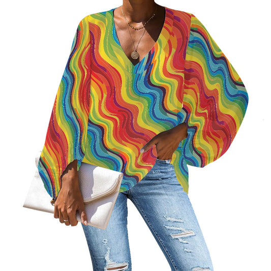 V-Neck Chiffon Puff Sleeve Blouse by Luxtrini 4XL