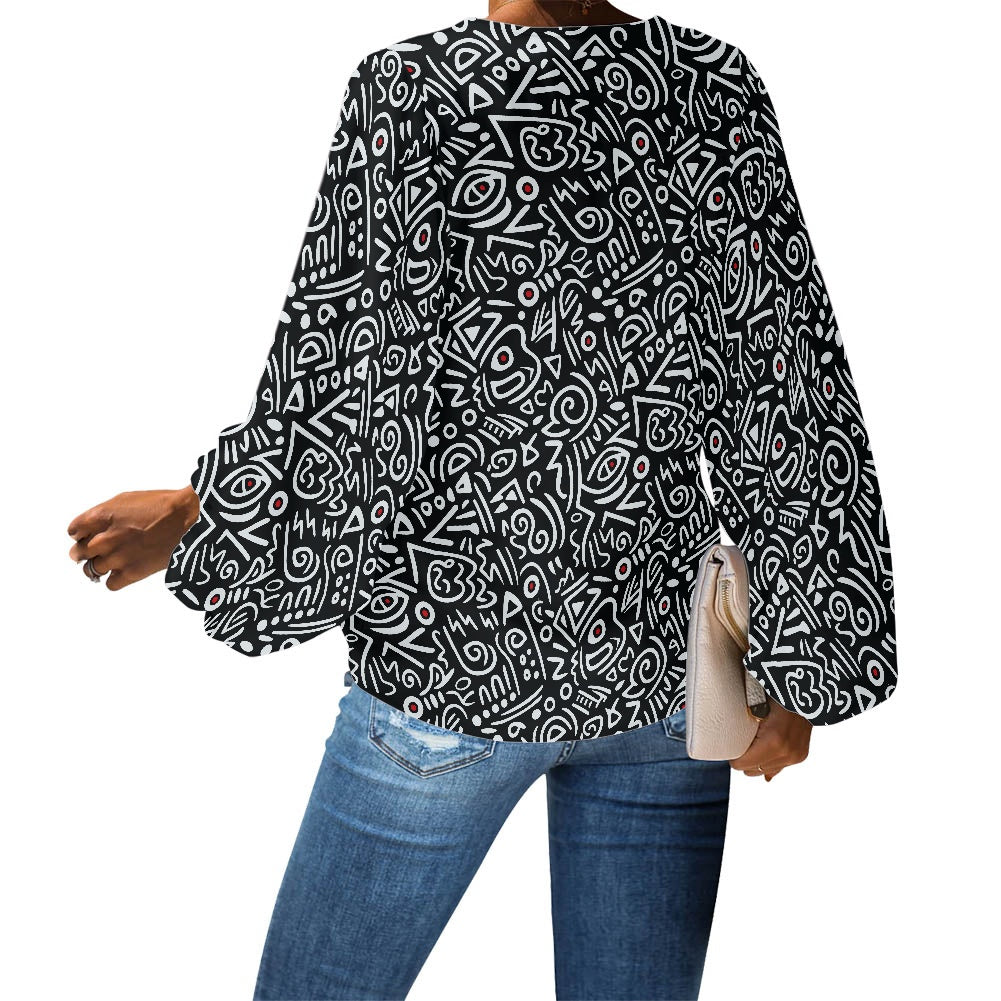 Black and White Tribal Art Pattern V-Neck Chiffon Puff Sleeve Blouse by Luxtrini