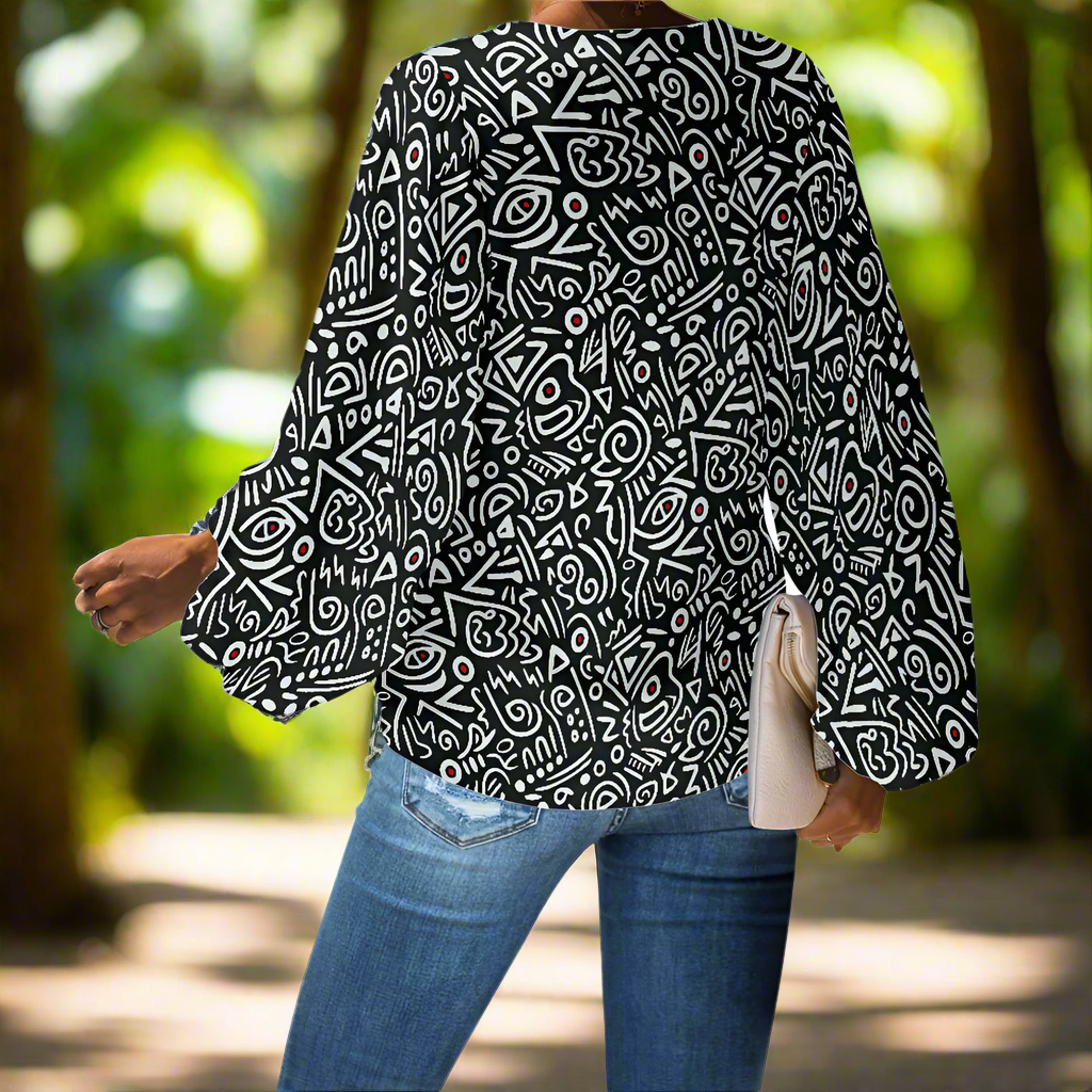Black and White Tribal Art Pattern V-Neck Chiffon Puff Sleeve Blouse by Luxtrini