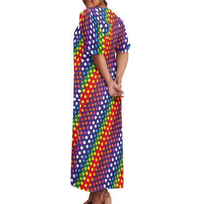 LGBTQ-Friendly Rainbow Polka Dot 
Elegant Loose-Fit Maxi Dress with Half Puff Sleeves, Button-Down Front, and Gathered Yoke – Perfect for Summer by Luxtrini