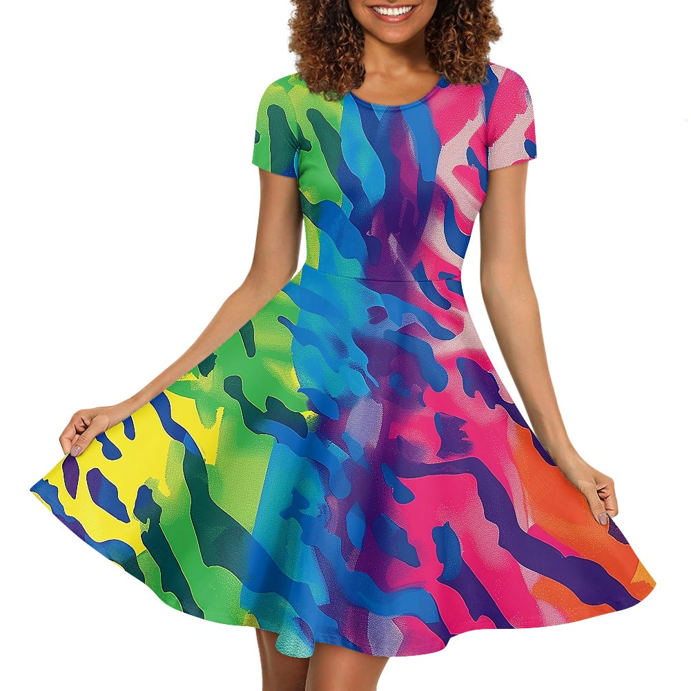 Women Scoop Neck Short Sleeve Ruffle Dress