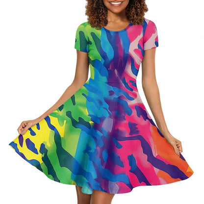 Women Scoop Neck Short Sleeve Ruffle Dress