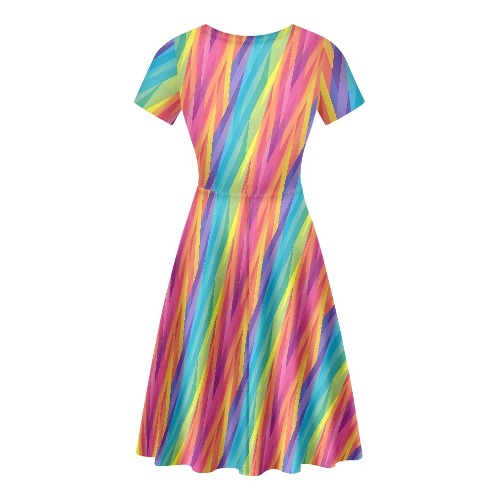 Rainbow Chevron Women Scoop Neck Short Sleeve Ruffle Dress