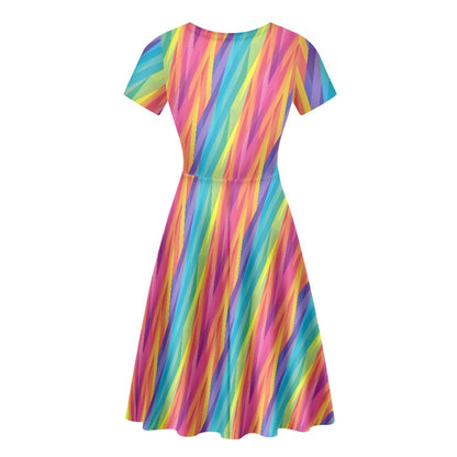 Rainbow Chevron Women Scoop Neck Short Sleeve Ruffle Dress
