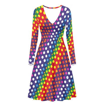 LGBTQ-Friendly Rainbow Polka Dot V-Neck Long Sleeve Ruffle Dress by Luxtrini 4XL