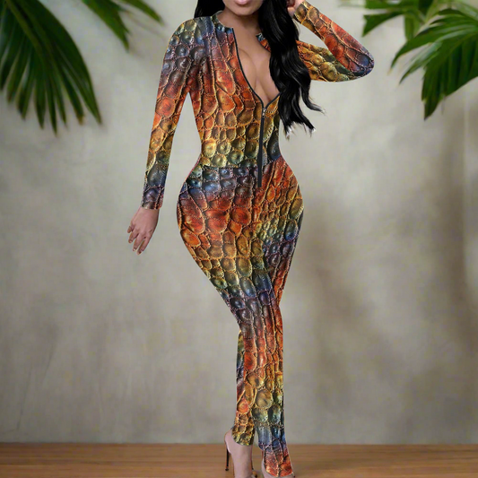 Unique Alligator Skin pattern Rainbow Pride Women's Plunging Neck Jumpsuit