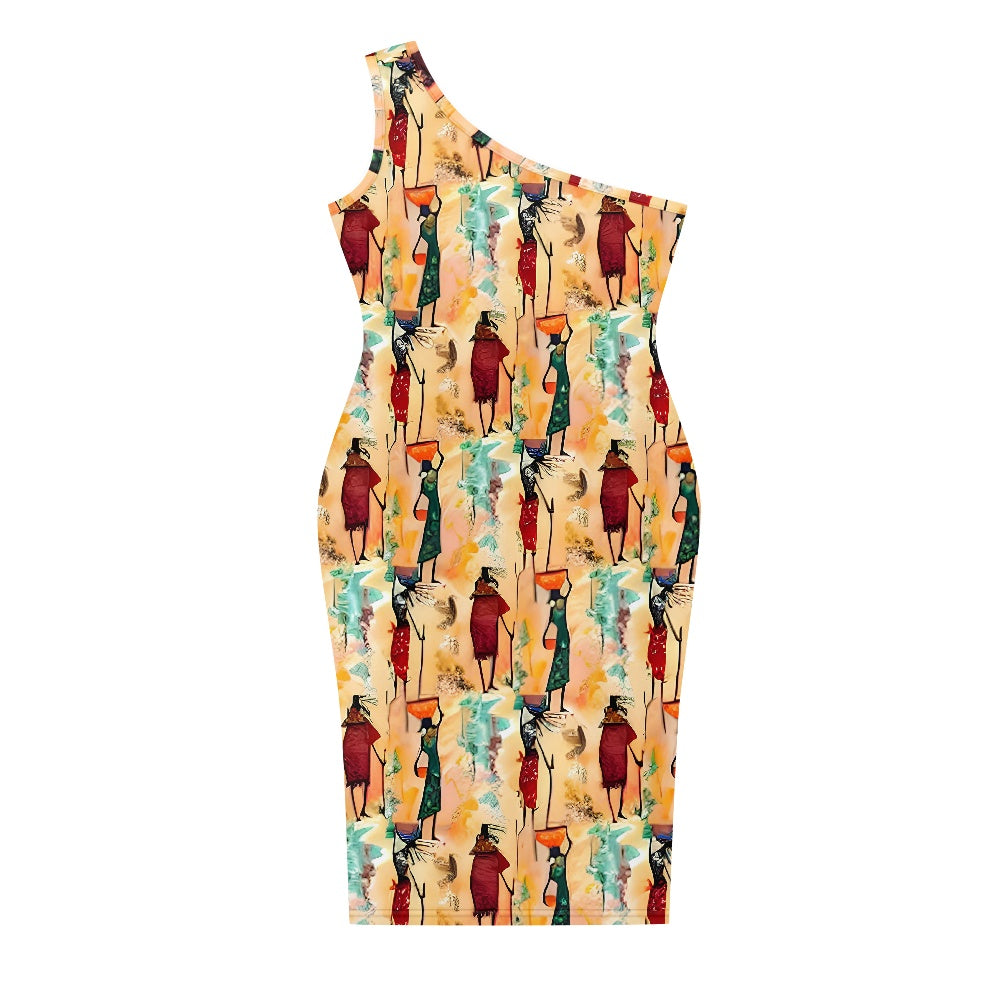 Discover Elegance: Luxtrini's One-Shoulder Slim Dress - Tribal white