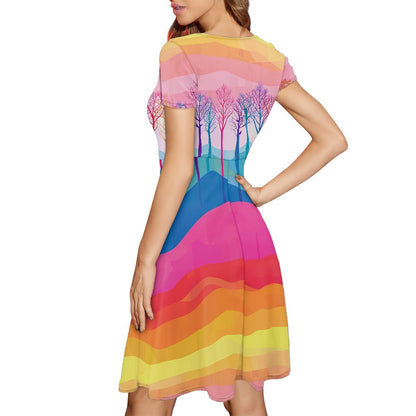 Rainbow Nature Scenic Women Scoop Neck Short Sleeve Ruffle Dress