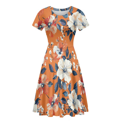 Women Scoop Neck Short Sleeve Ruffle Dress white