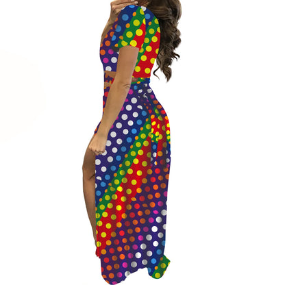 LGBTQ-Friendly Rainbow Polka Dot Stylish Two-Piece Set: Short Sleeve V-Neck Crop Top and Flowing High-Waist Maxi Skirt by Luxtrini