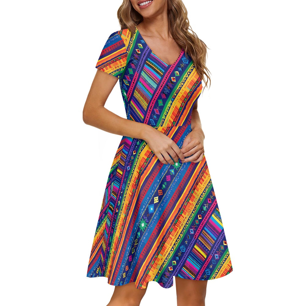 Women V-Neck Short Sleeve Ruffle Dress