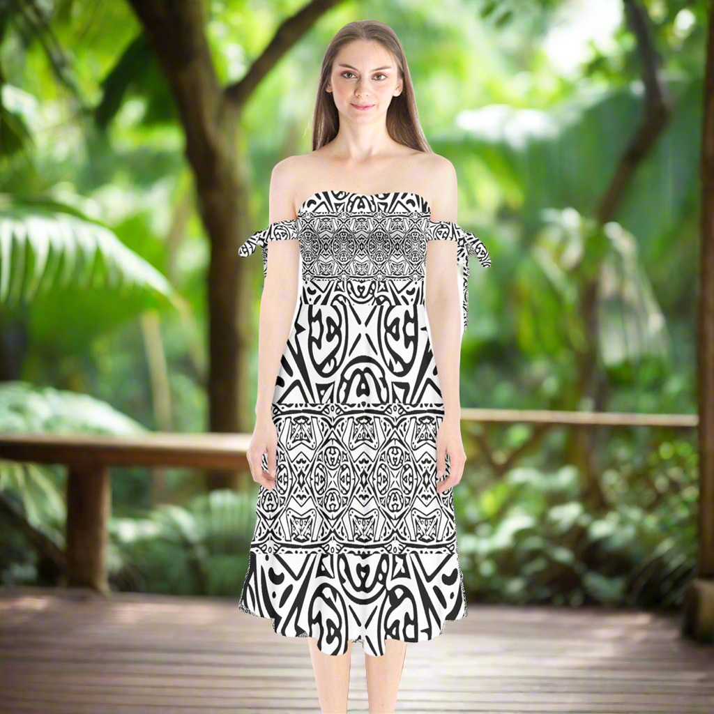 Shoulder Tie Bardot Midi Dress Hawaiian Tribal by Luxtrini