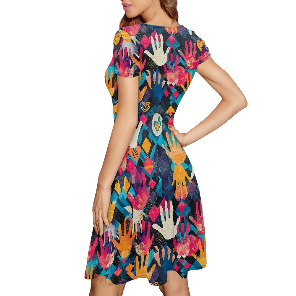 Women Scoop Neck Short Sleeve Ruffle Dress